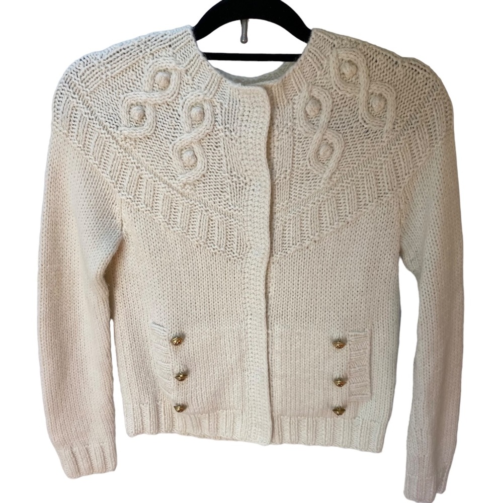 J. Crew Hand Knit Cardigan Hidden Snap Closure Front Pockets Gold Button…